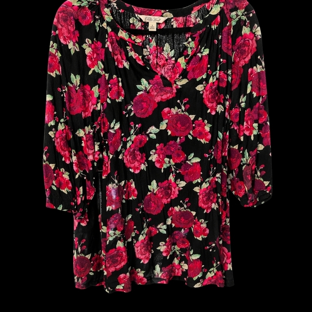 The Pioneer Woman Floral Peasant Blouse | Black Red Boho Top |‎ Size S